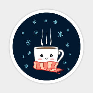 Cute smiling winter coffee with scarf and snowflakes Magnet